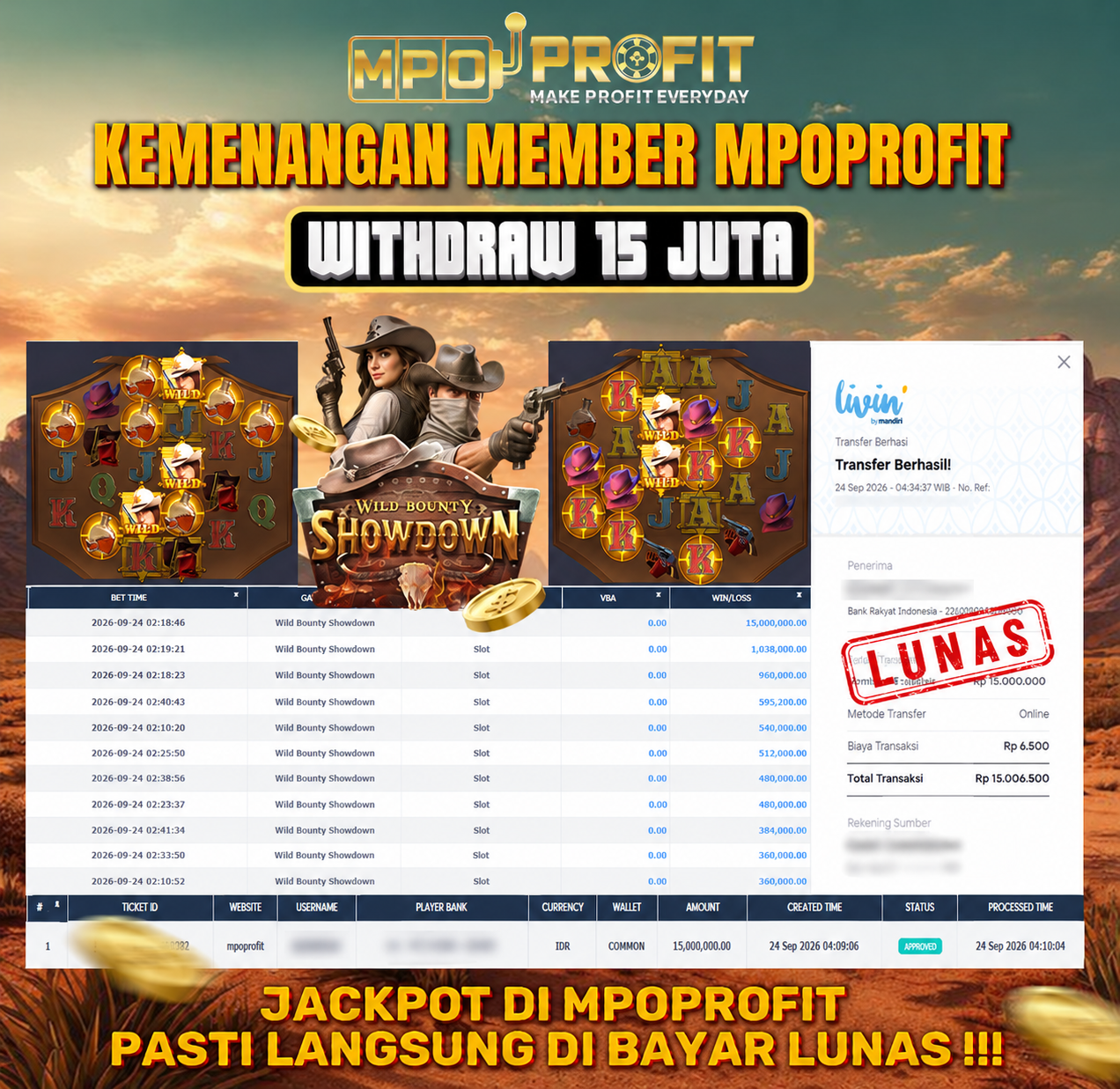 MPOPROFIT JACKPOT SLOT PGSOFT! KEMENANGAN MURNI DI (WILD BOUNTY SHOWDOWN TOTAL RP. 15.000.000,- LUNAS)